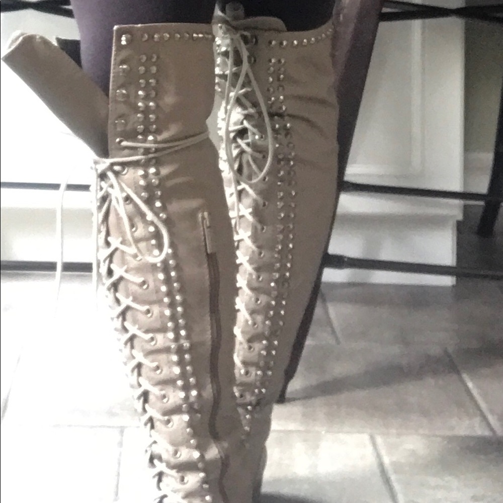 Tape over the knee studded boots
